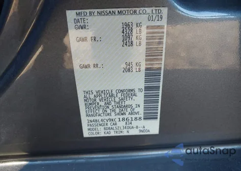 2019 Nissan Altima 2.5 Sr z USA, uszkodzony, nr VIN 1N4BL4CV9KC186188